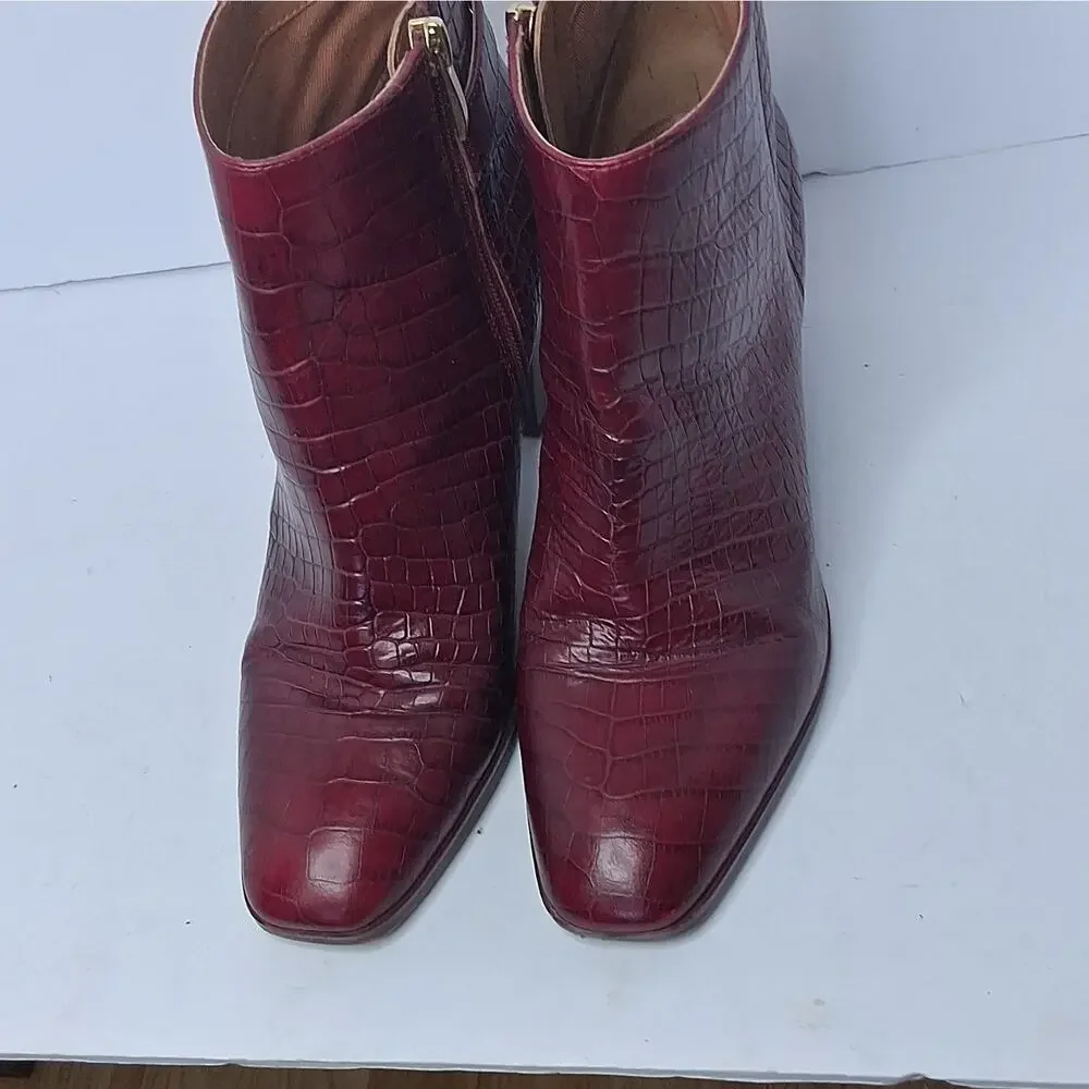 Franco Sarto Ilaria Burgundy Croc Embossed Leather Ankle Boots Booties Size 9M